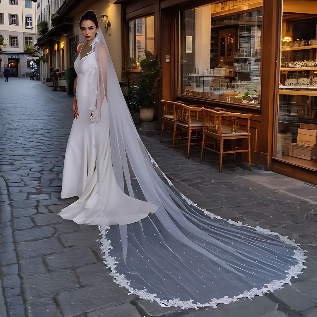 V Pearls Wedding Veil Lace Edge Bridal Veils Tiers Beaded Soft Tulle with Comb Long Accessories for Bride