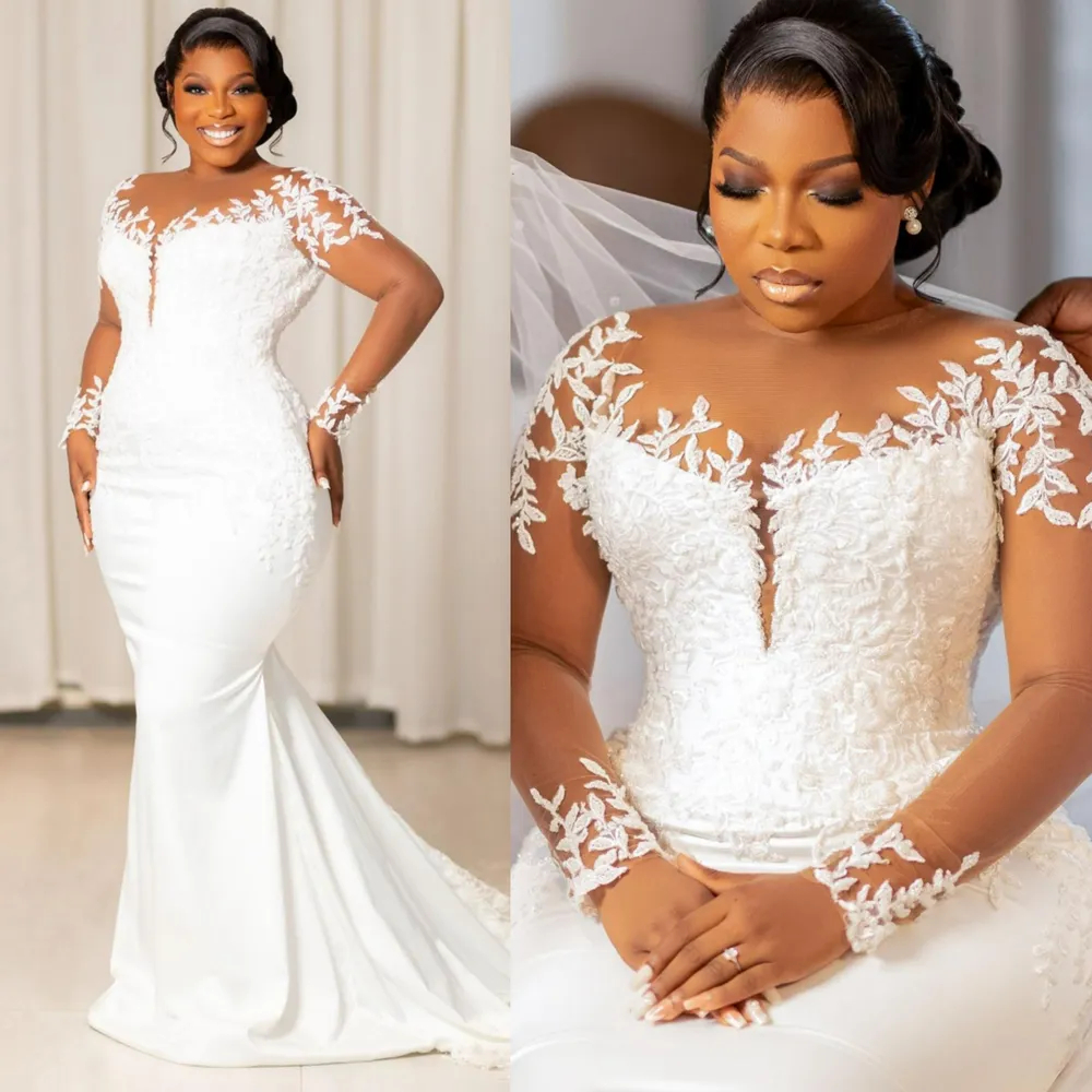 Elegant African White Satin Mermaid Wedding Dresses With Illusion Long Sleeves Lace Appliques Chapel Train Gorgeous Bridal Gown Plus Size Wedding Gown