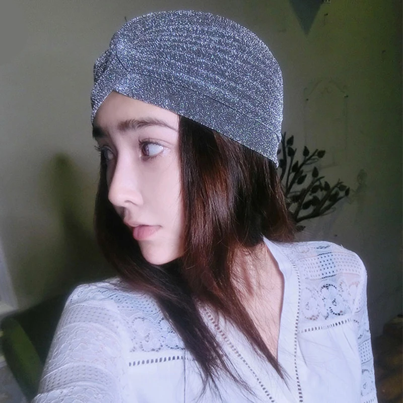 Women Twist Turban Cap Shiny Gold Silver Color Glitter Indian Hat Casual Solid Color Warm Female Beanie Caps Simple Headscarf