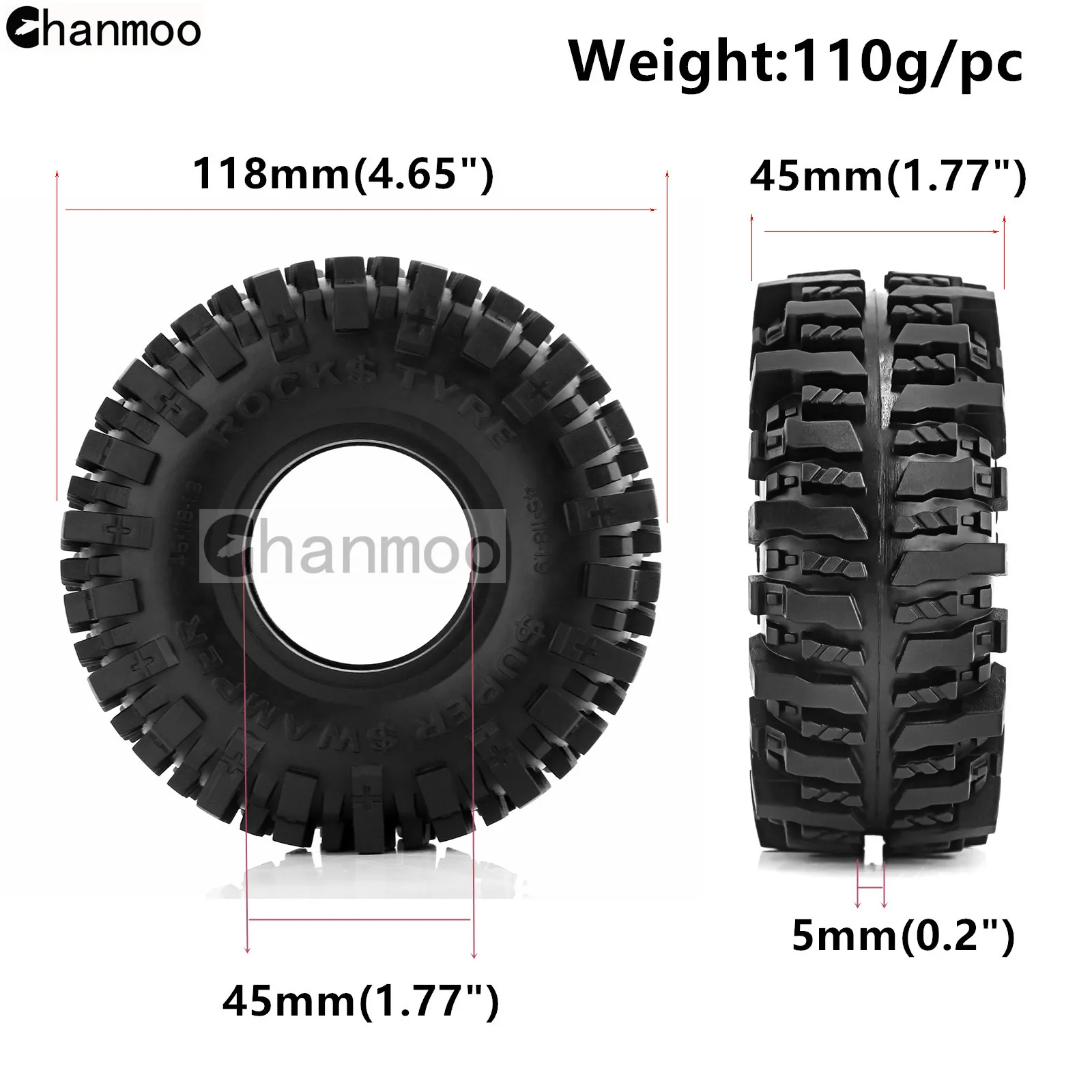 Chanmoo 1.9in Crawler Tires 118mm Wheel Rubber Tyre for 1:10 RC Car Axial Traxxas SCX10 II III TRX4 RC4WD D90 YK4102 Gen8 Redcat
