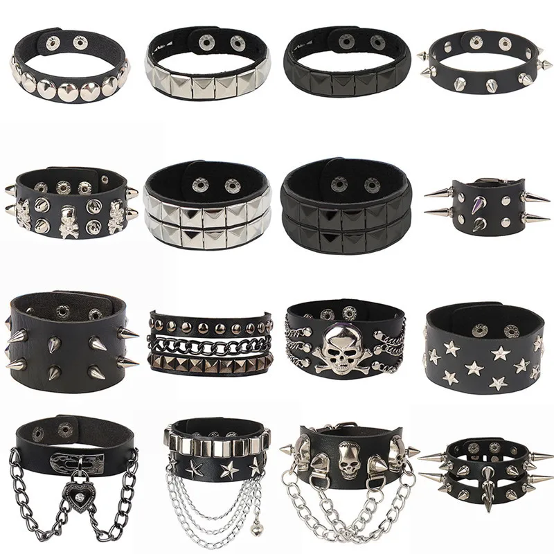 Hot Punk Leather Studded Bracelet for Men Women 80s Studded Wristband Goth Rock Bracelet Spike Rivet Cuff Bangle Unisex Metal