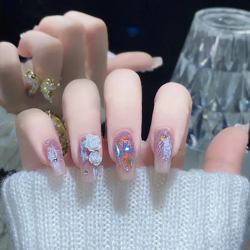 pcs False Nail Wearable Ice Color Camellia Aurora Broken Dia Ballet Fingernails Finished Removable and Reusable Patch 5