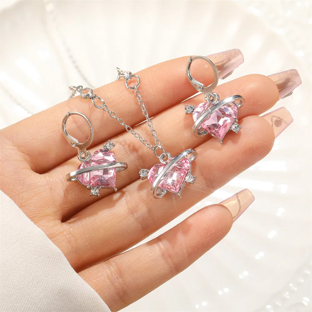 Pink Peach Love Heart Planet Crystal Rhinestone Pendant Necklace Earrings Jewelry Set for Women Teens Creative Banquet Accessory