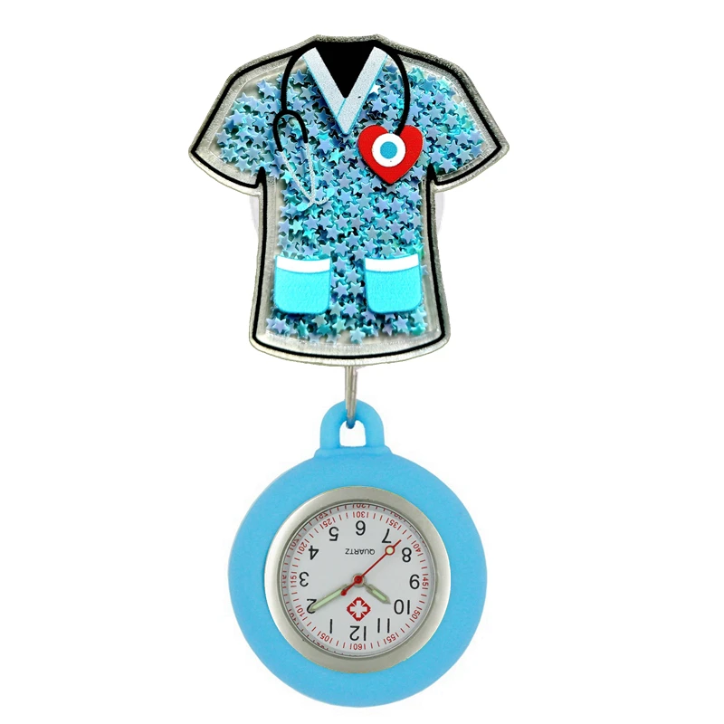 Sliding Shiny Stars Plastic Retractable Hospital Medical Icons Heart Nurse Doctor FOB Pocket Watches Clip Hang Medicine Clock