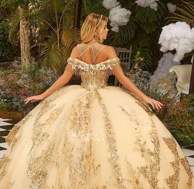 Champagne Puffy Mexican Quinceanera Dresses Ball Gown Off The Shoulder Tulle Appliques Beaded Charro Sweet 16 Dresses 15 Anos