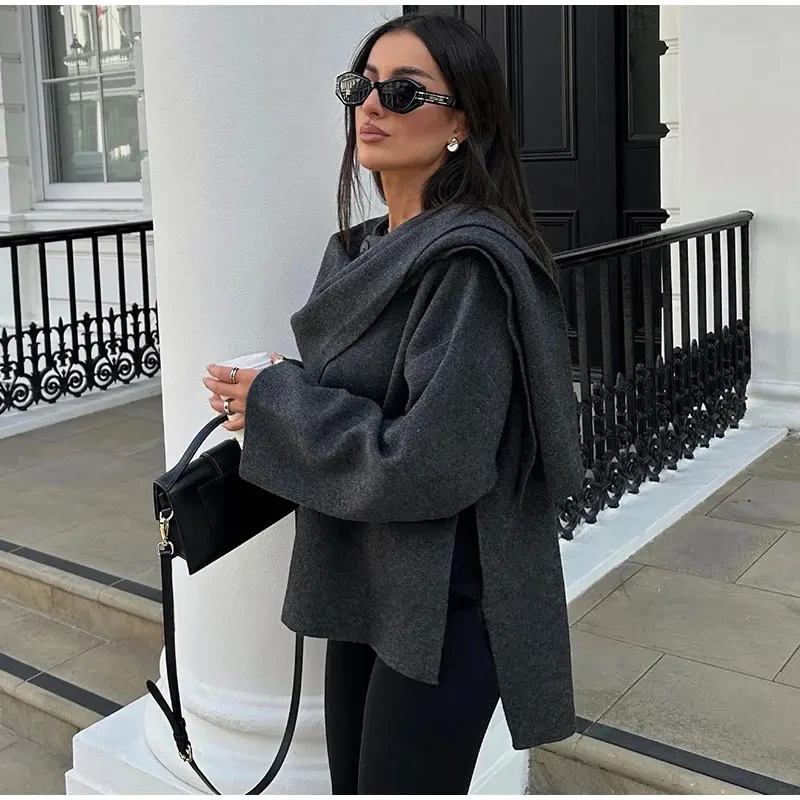 Scarf Neck Woolen Jacket Women Elegant Long Sleeve Gray Female Coat 2023 Autumn Street Single Breasted Loose Lady Outerwear