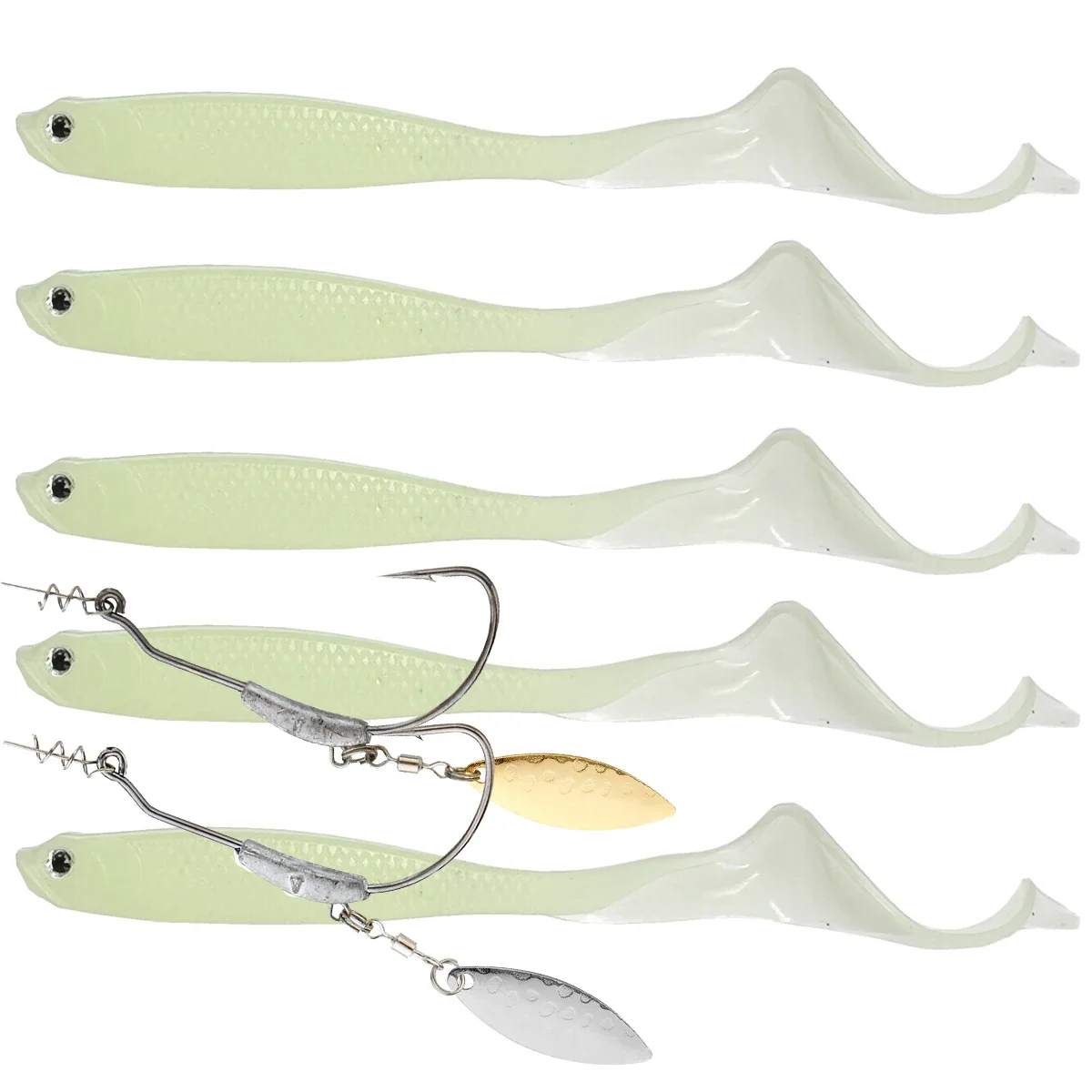 5Pcs lues 2pcs hooks Vigour Perch Fishing Lure Soft Bait Shad UV-Active Wobble Craft Rubber Fish Swimbait For Perch,Pike,Zander