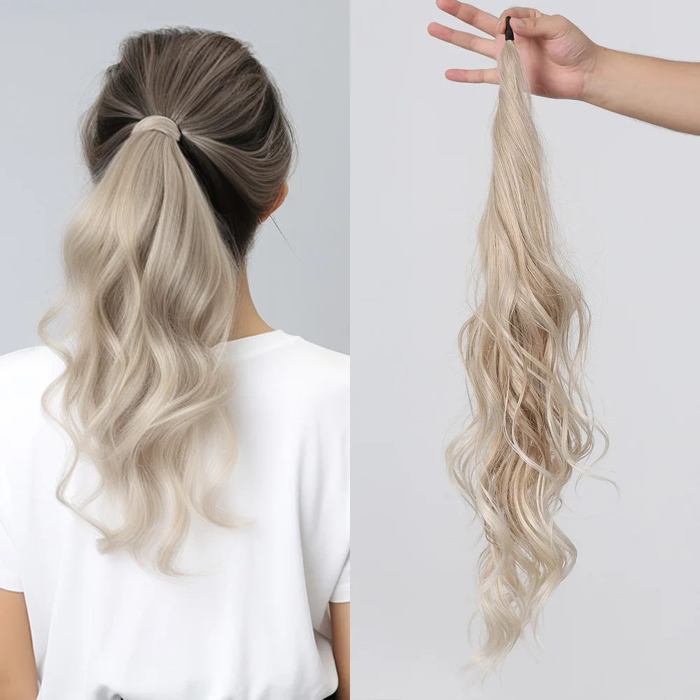 Flexible Wrap Around Ponytail Hair Extensions Synthetic Long Wavy Ponytail Hairpiece Blonde Pony for Women Daily Use Fake Hair