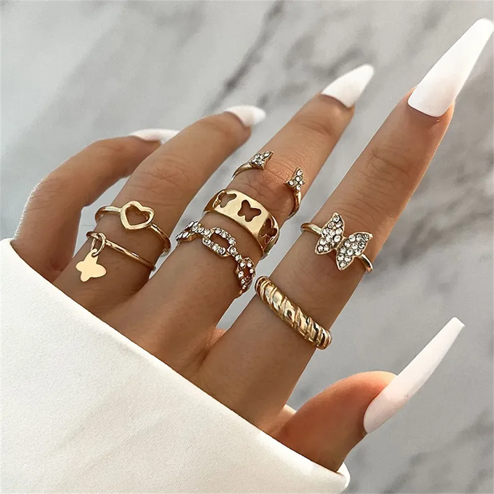 Vintage Gold Color Butterfly Rings Set for Women Girls Geometric Knuckle Joint Stacked Finger Matching Ring DIY Party Jewelry