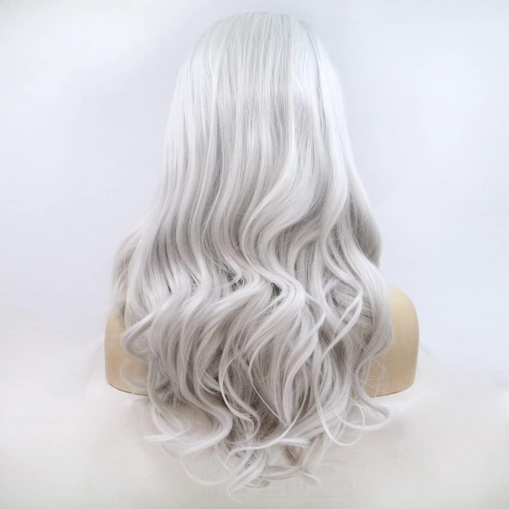 Platinum Grey Wigs Heat Resistant Fiber Hair Side Part Body Wave Silver Hair Wigs 13x3 Synthetic Lace Front Wigs for Women