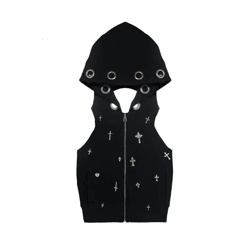 Harajuku Emo Alt Dark Vest Women Y2k E-girl Streetwear Gothic Cross Hooded Crop Tank Top Cyberpunk Grunge Outfits Female 240513