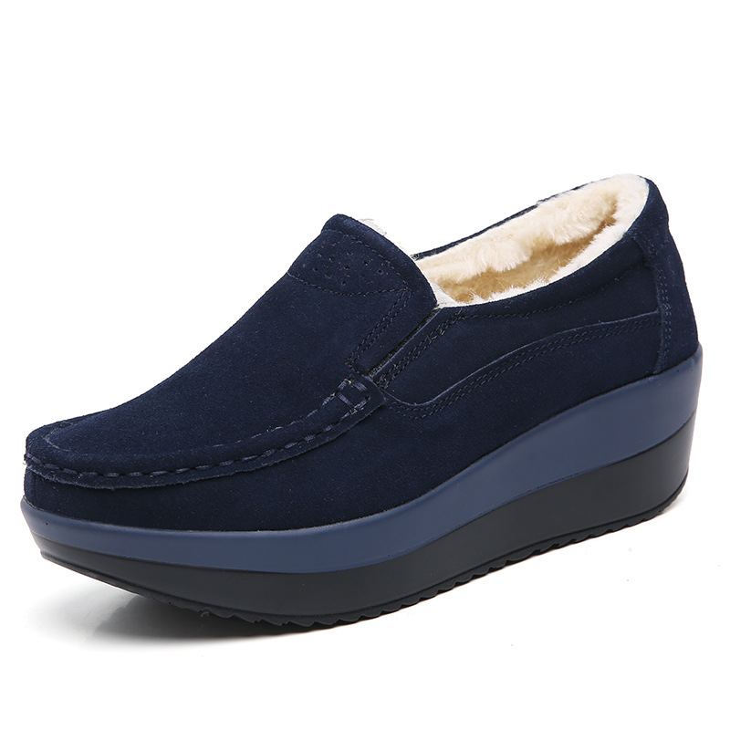 EOFK Women Winter Flats Shoes Loafers Genuine Leather Thickened Wool Warm Platform Moccasins Ladies Floors