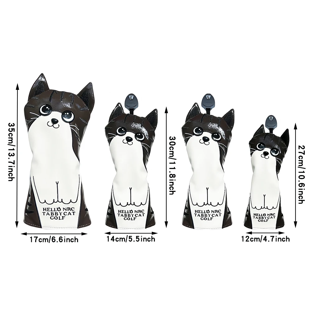 Cute Cat Golf Headcover PU Leather Waterproof Durable Golf Wood Cover for Driver Fairway Hybrid Golf Club Head Cover Brown