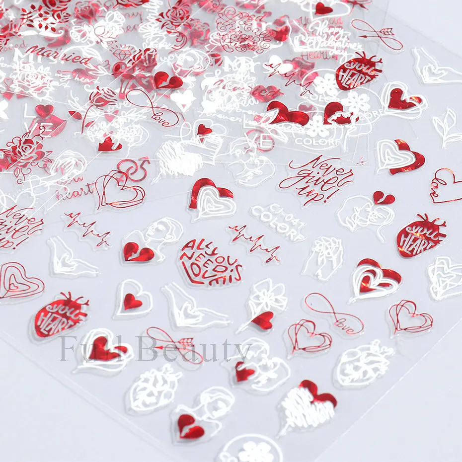 D Red Heart Nail Stickers Rose Flower Sexy Lips Sliders Lover Letter Laser Foil Decals Valentine Manicure Decor LACJ 5