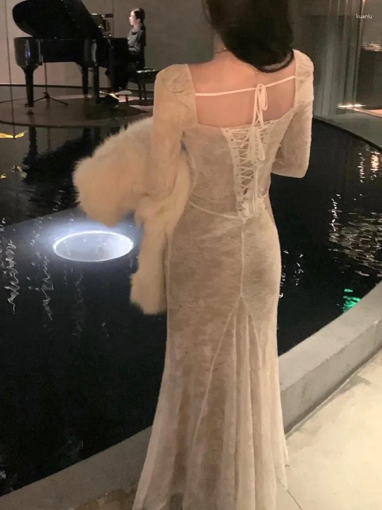 Elegant Long Sleeve Bodycon Dress: Women's Lace Square Collar Up Mermaid Style Midi Dress for Autumn Winter Evening Party C260312