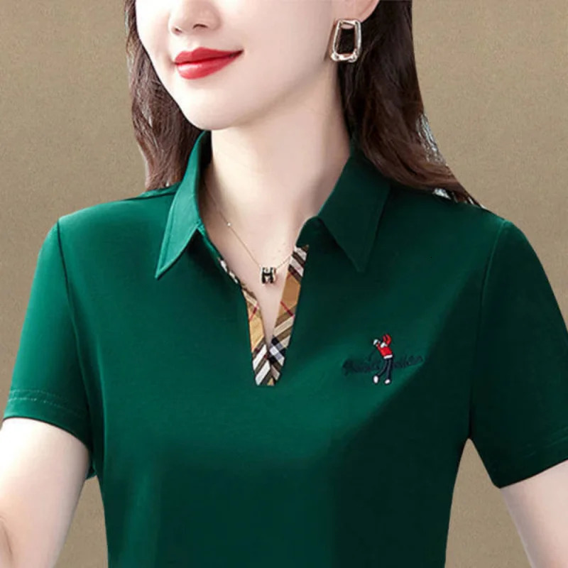 POLO Women Summer Fashion Pure Cotton Summer Women Short Sleeve Golf Polo Shirt Loose Top Lapel Large Size T-shirt 240521