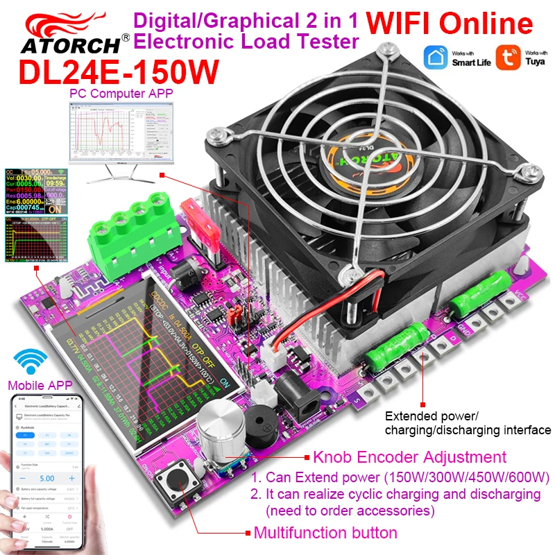 ATORCH DL24EW Tuya APP WiFi Smart Electronic Load Tester 18650 Voltage Current 72V Car Battery Test Box Capacity Monitor Tools