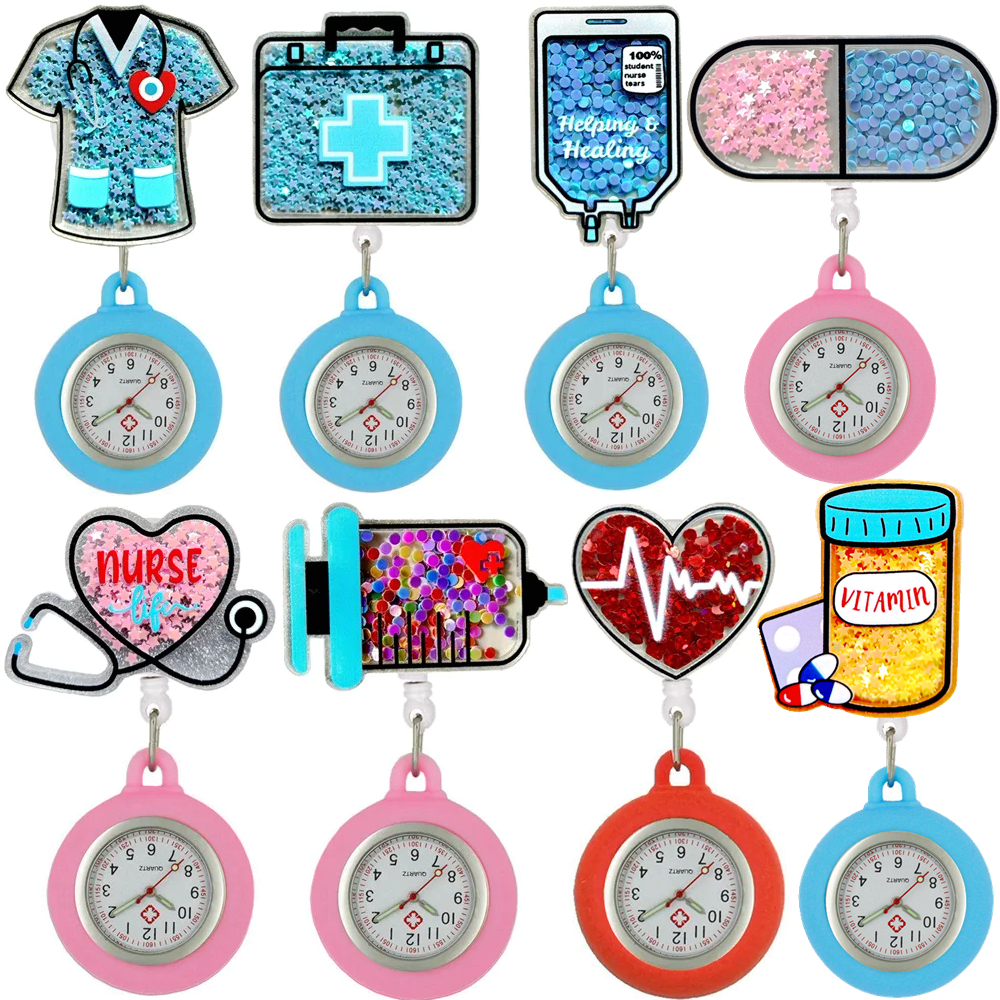 Sliding Shiny Stars Plastic Retractable Hospital Medical Icons Heart Nurse Doctor FOB Pocket Watches Clip Hang Medicine Clock