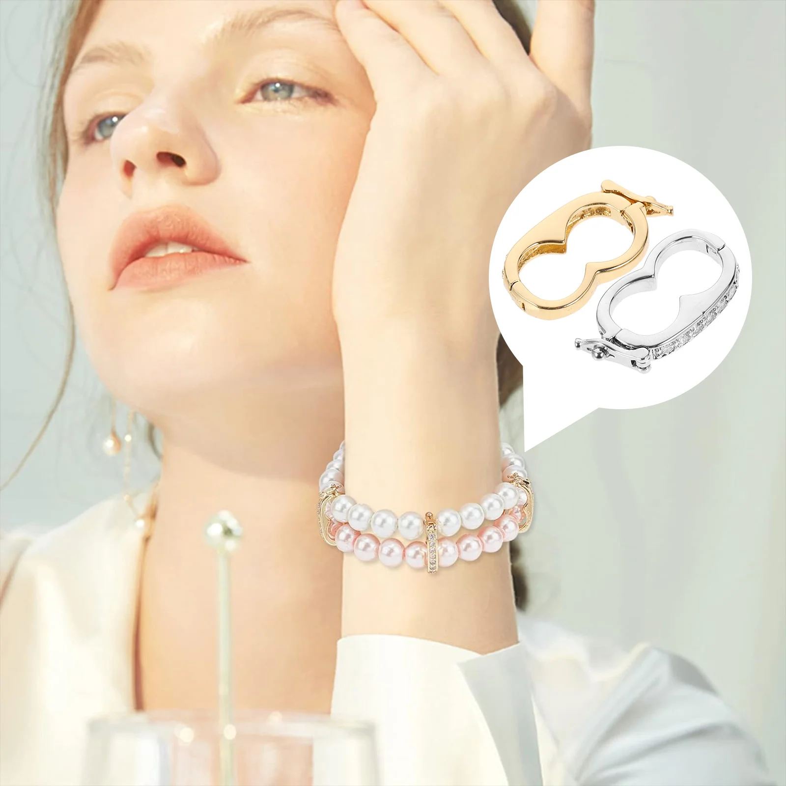 2 Pcs Jewelry Peanut Buckle Echancer Clasps Diamond Choker Necklaces Copper Connecting Pearl Shortener Silver