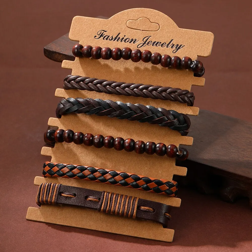 6PCS Vintage Multiple Layers Leather Bracelet Set For Men Handmade Braided Charm Bracelet