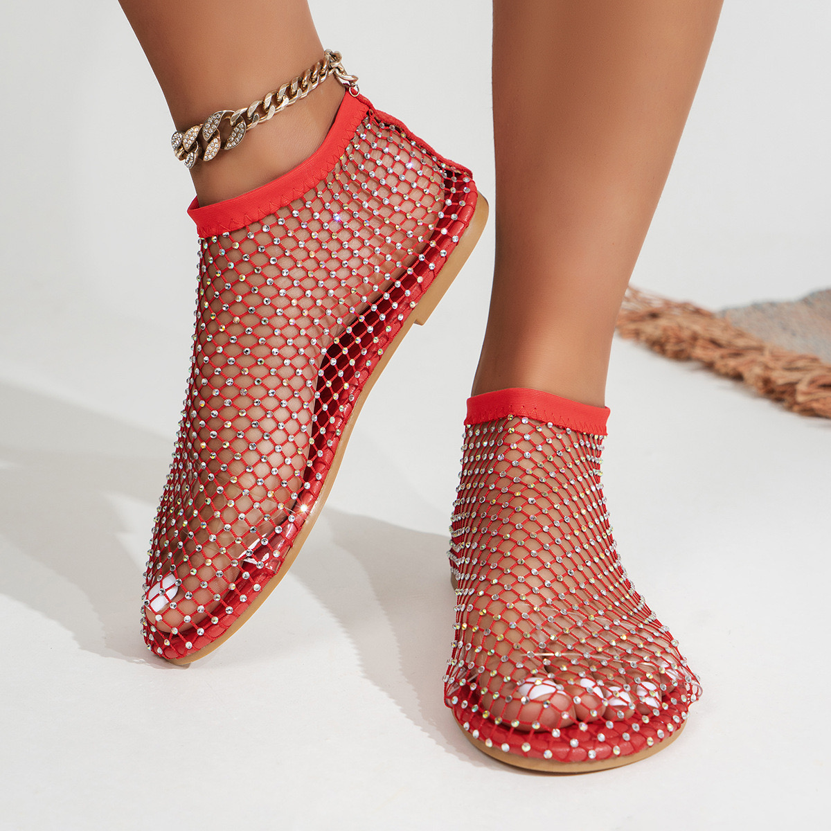 Hot Women's Shoes 2023 New Luxury Diamond Round Head Ladies Shoes On Offer Women's Sandals With Elastic Fishnet Socks Slippers