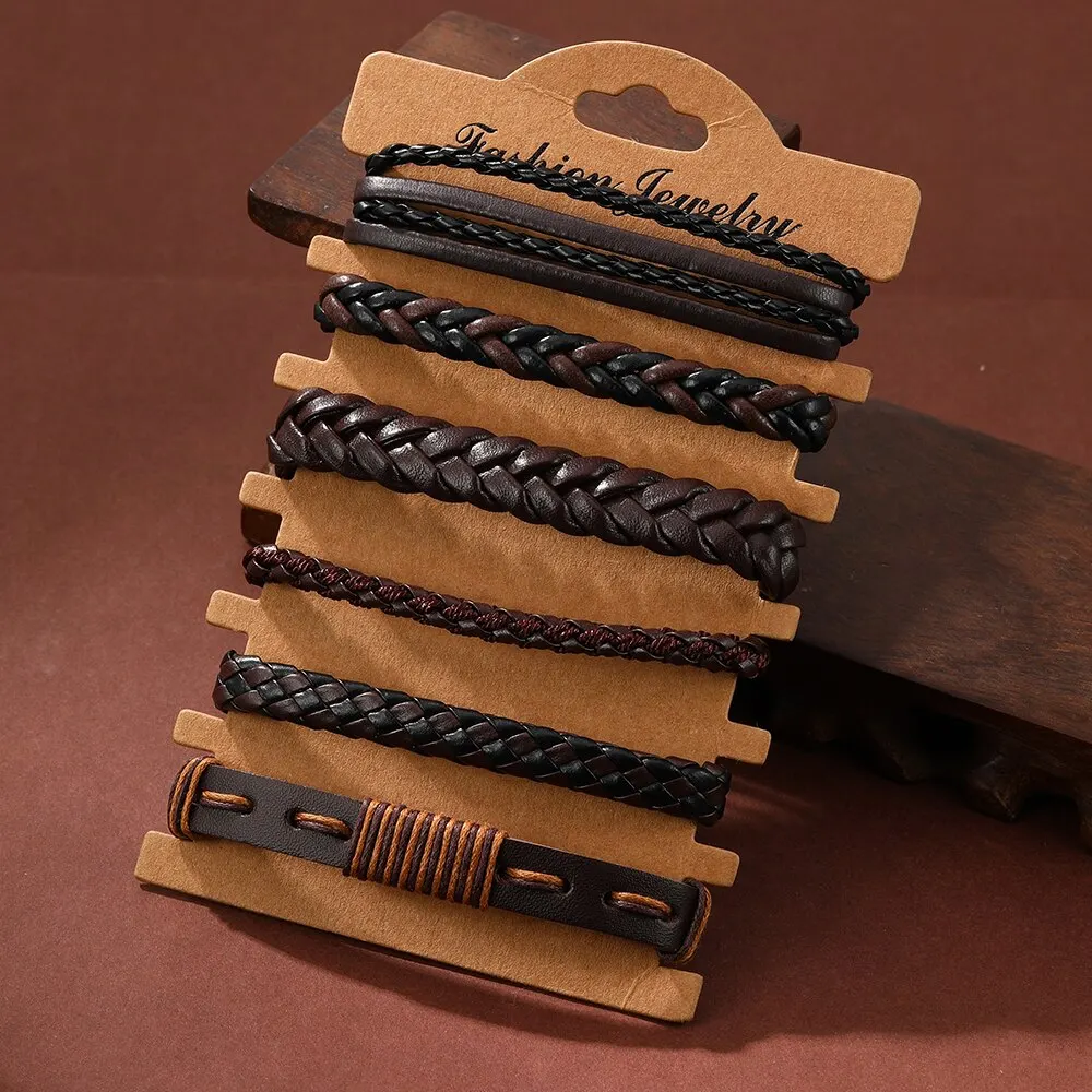 6PCS Vintage Multiple Layers Leather Bracelet Set For Men Handmade Braided Charm Bracelet