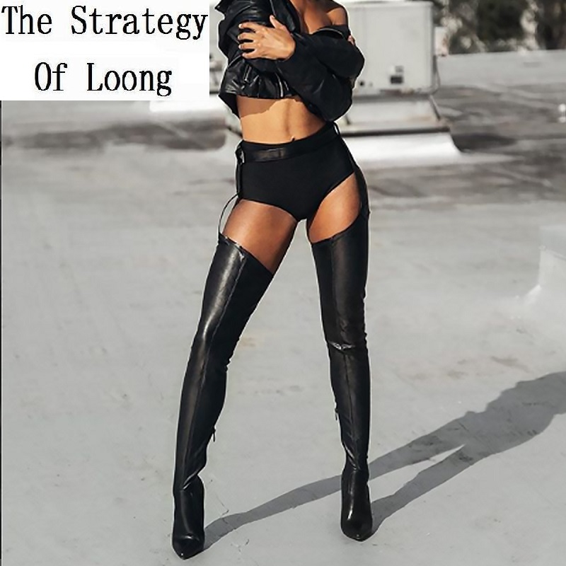 Women PU Leather Over The Knee Thin Supper High Heels Pointed Toe Thigh High Long Chap Boots Lady Stretched Waist Belt Boots
