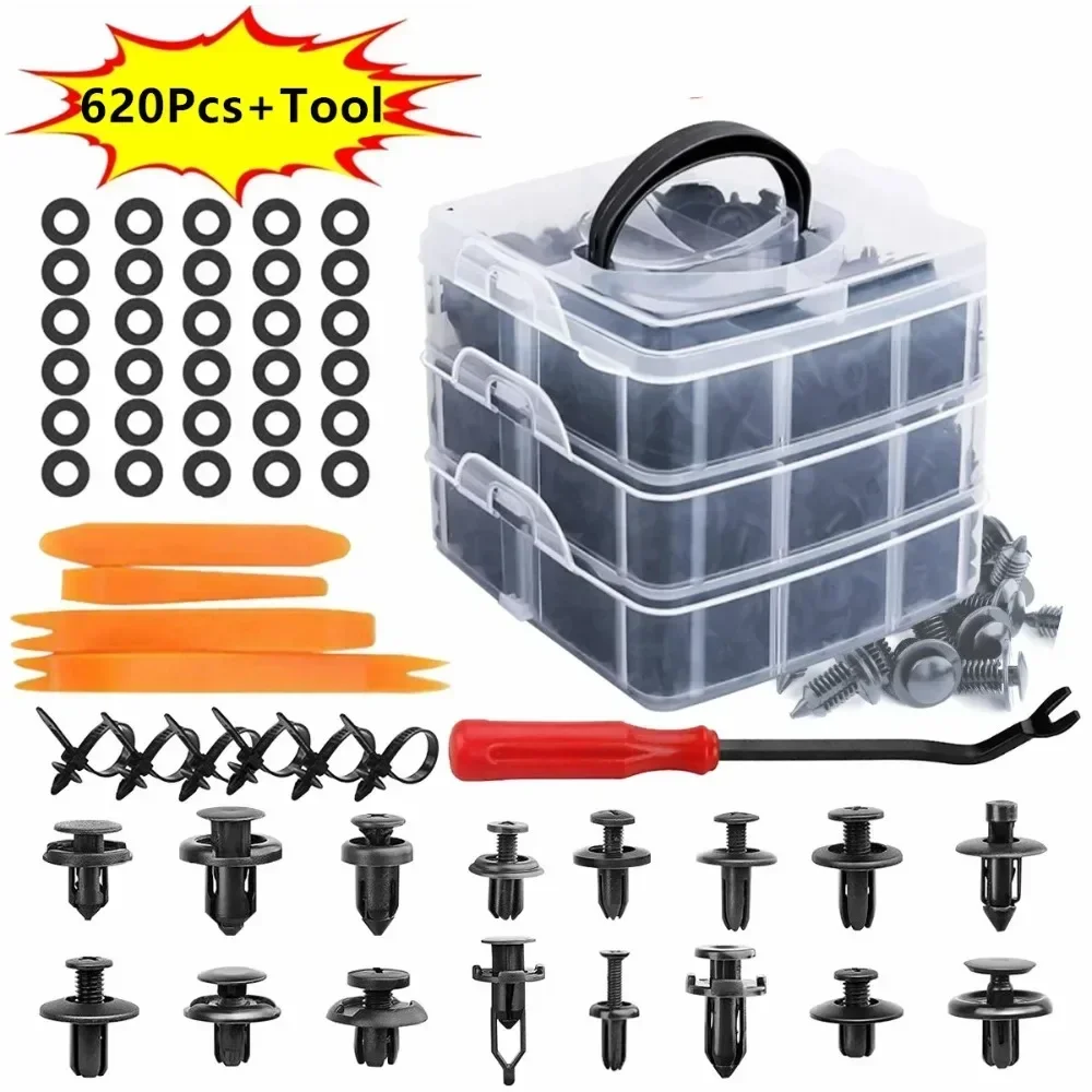 620PCS Car Fastener Clips Bumper Retainer with 30 Tools Car Plastic Rivets Fasteners Push Retainer Kit Door Trim Panel Clips