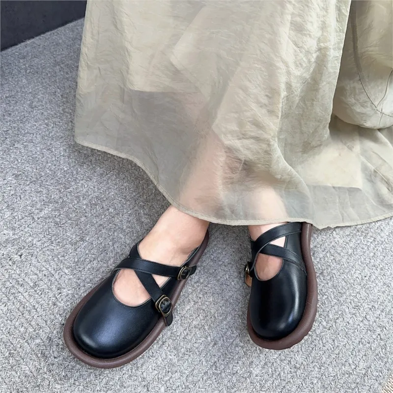 Johnature 2023 New Genuine Leather Round Toe Women Flats Shoes Handmade Solid Color Soft Sole Comfortable Casual Shoes