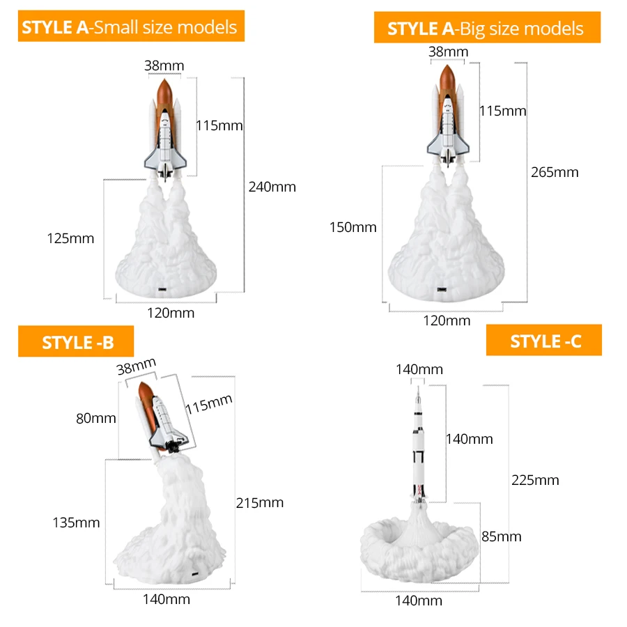 Night 3D Print LED Light Space Shuttle Rocket Lamp USB Rechargeable Table Lamp Children's Gift Bedside Study Desk Room Decor smile