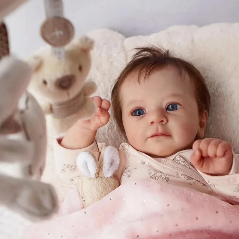 18" Realistic and Cute Reborn Baby Doll Girl Bright Blue Eyes Opened With Brown Hair Named Sum LOL Christmas Gift Dolls For Kids