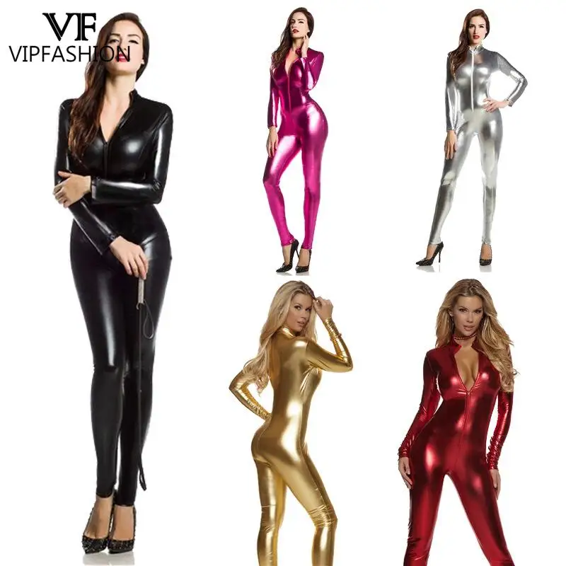 VIPFASHION Solid Women Zentai Bodysuit Sexy Black Catsuit Long Sleeve Front Zipper Cosplay Costume Carnival Holiday Clothes