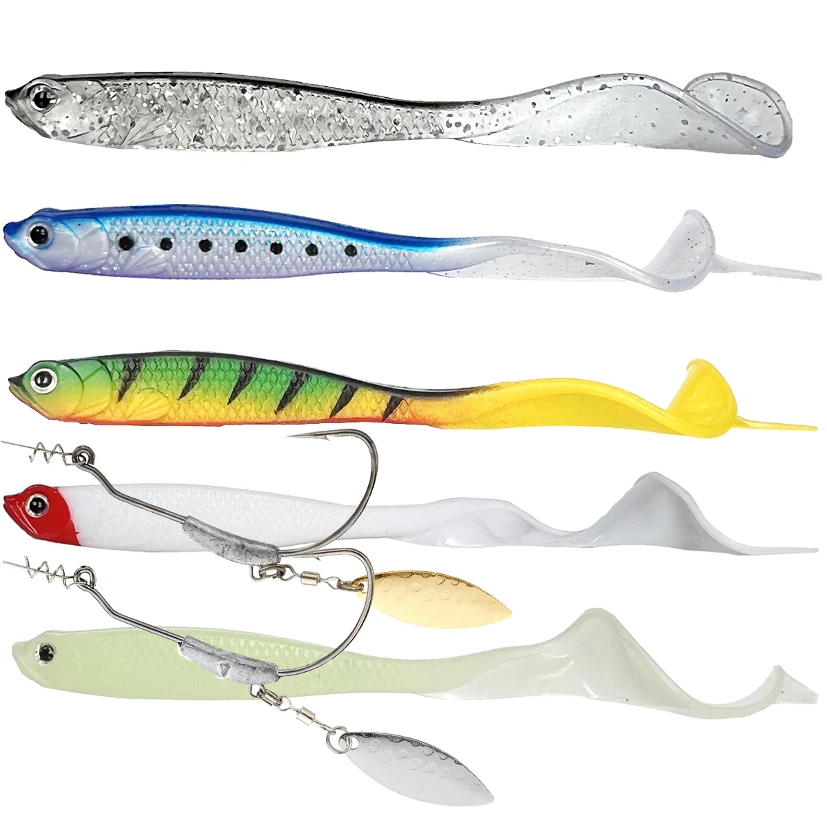 5Pcs lues 2pcs hooks Vigour Perch Fishing Lure Soft Bait Shad UV-Active Wobble Craft Rubber Fish Swimbait For Perch,Pike,Zander
