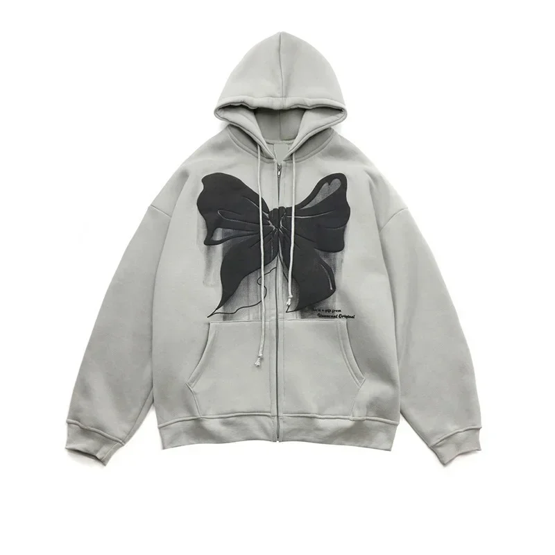 Y2k Europe And America Fan Bow Hooded Cardigan Plus Velvet Sweater Men and Women Loose Tops Oversize Lazy Wind Zipper Coat