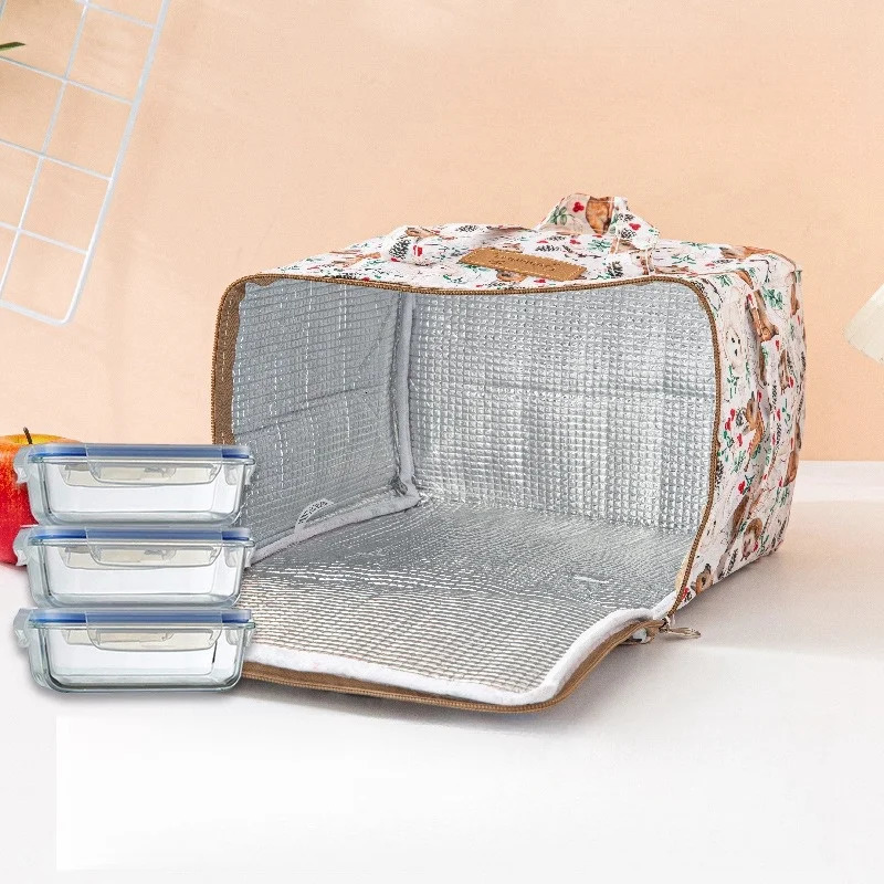 BYMONDY Square Large Cooler Bag for Women Floral Lunch Bags Picnic Food Meal Storage Container Family Party Lunch Box Portable 240514