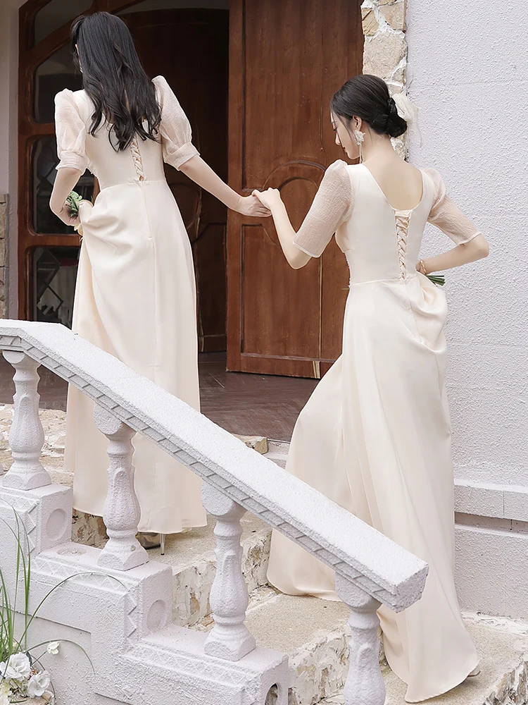 Bridesmaid A-Line Champagne Satin Dresses for Women 2023 New Puff Sleeve Exquisite Appliques Lady Long Sister Party Dress smile