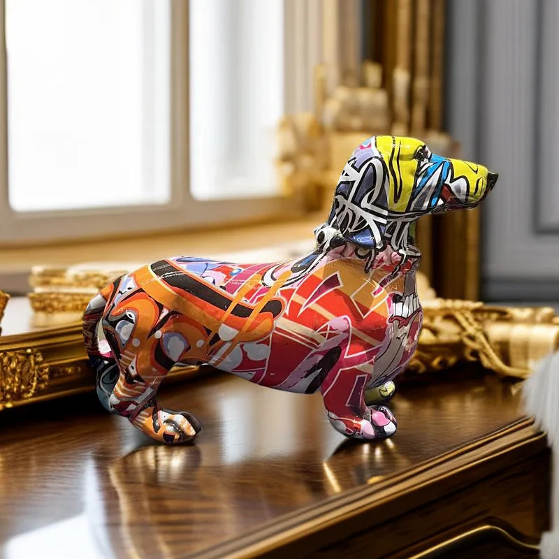 Creative Graffiti Dachshund Dog Statue Home Decor Color French Bulldog Sculpture Animal Figurine Living Room Desk Accessories 240527