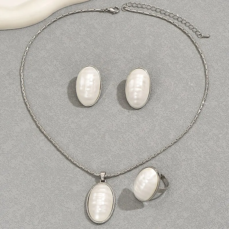 Oval Korean Pearl Chain Necklace Earring Ring Set For Women Natural Pearl Gold Plated Adjustable Ring Jewelry Set smile