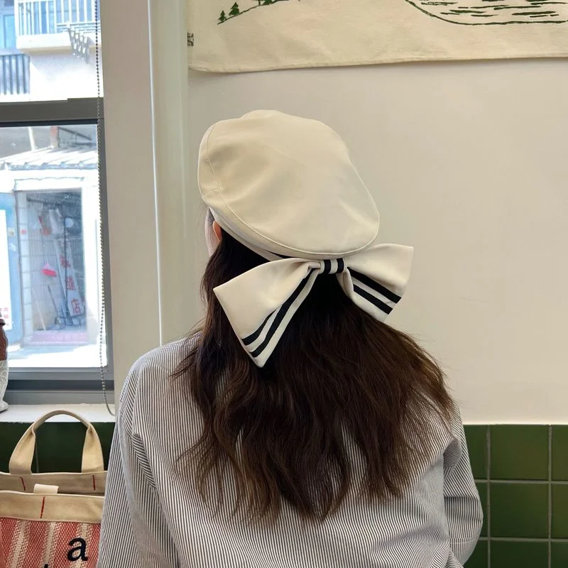 for Oversized Bow Beret Women 2022 Summer Ins Popular Striped Designer Berets Hat Niche Painter Cap Navy Japanese Sailor Hats smile