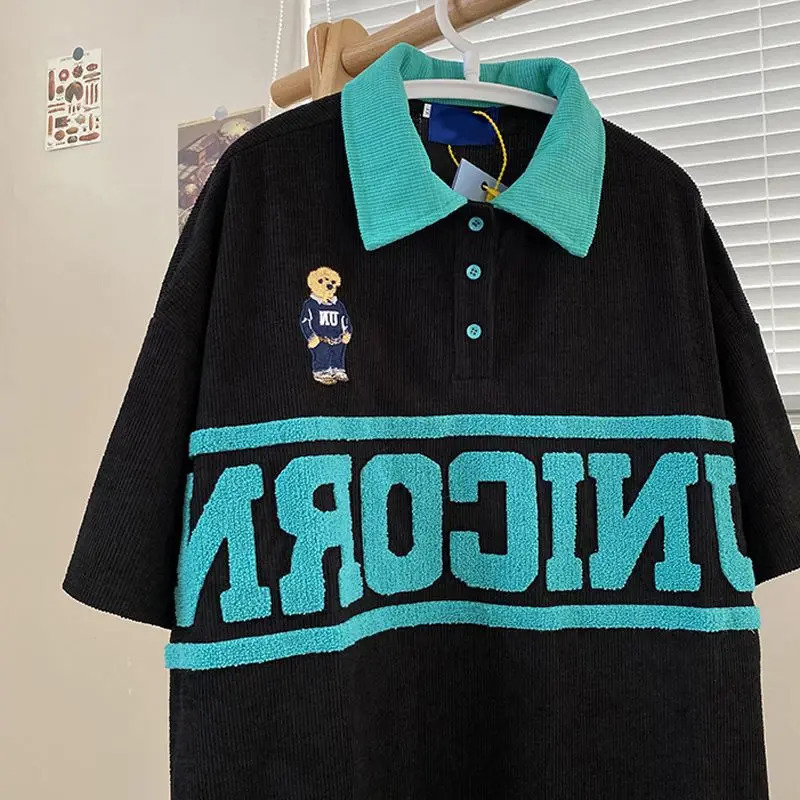 Mens Waffle Bear Polo Shirt Short Sleeve Tshirt Womens Summer Loose Embroidered Halfsleeved Turndown Collar Buttons Top Tees 240517