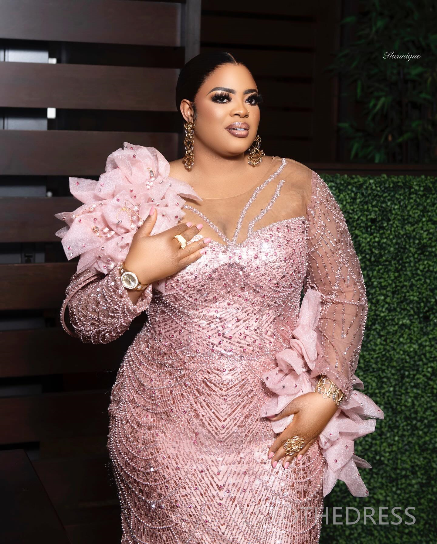 R&W 2024 Plus Size Aso Ebi Prom Dresses for Black Women Pink Promdress Illusion Long Sleeves Beaded Lace Pearls Rhies Mirror Sequins Decorate Gala Gow