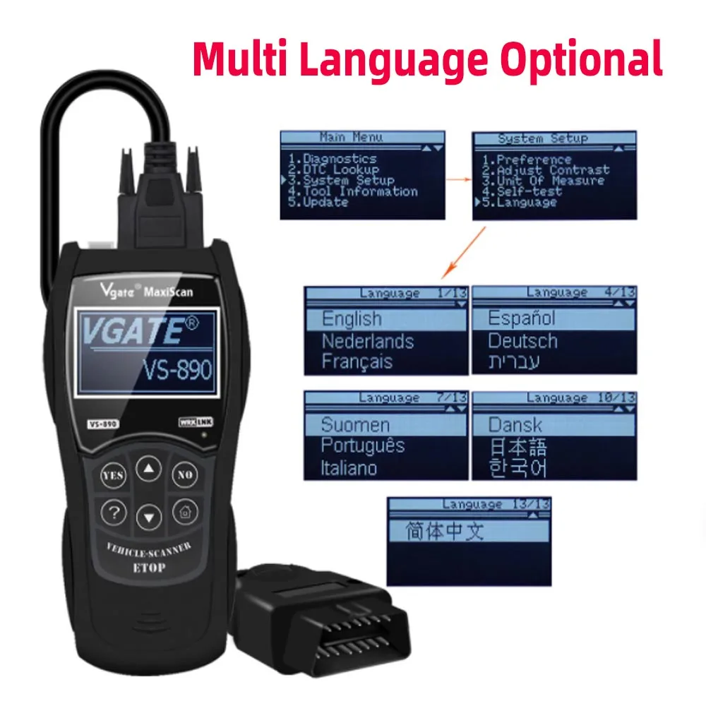 Maxiscan Mini Vgate Vs890s Vs890 Code Reader Scanner Obd2 EOBD CAN OBDII DTC Look-Up ddmysmile Multi-Language LCD Car Diagnostic Tools Smile