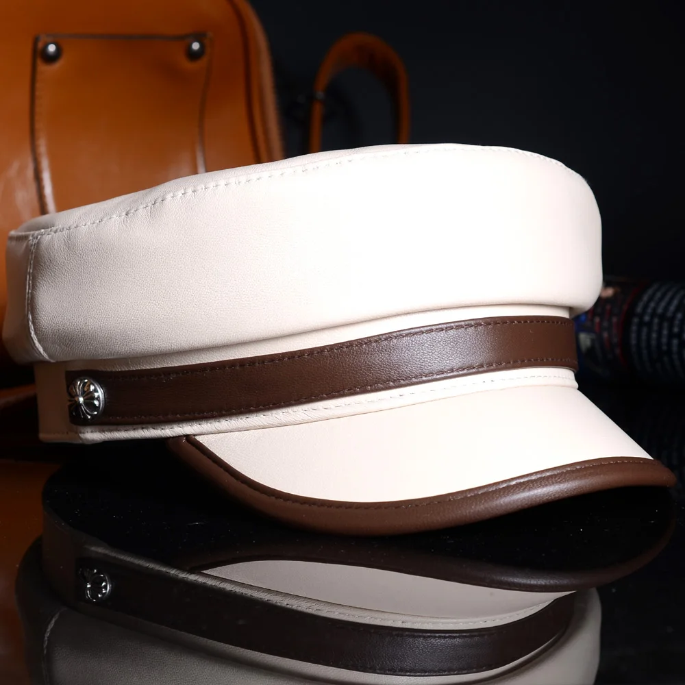 Cap Real Women's Leather Ladies Genuine Leather Beige Military Casual Newsboy Beret Army Navy Caps/Hats smile