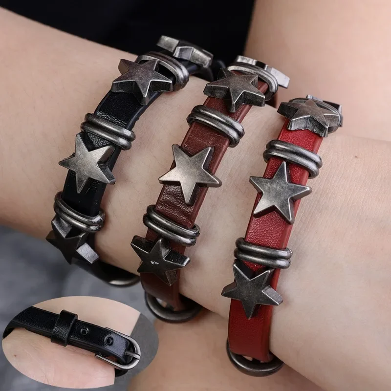 Star Cowboy Bracelet Vintage Wrap Leather Men Punk Rock Pentagram Spikes Rivet Gothic Wide Cuff Bangle Y2K Jewelry Accessories smile