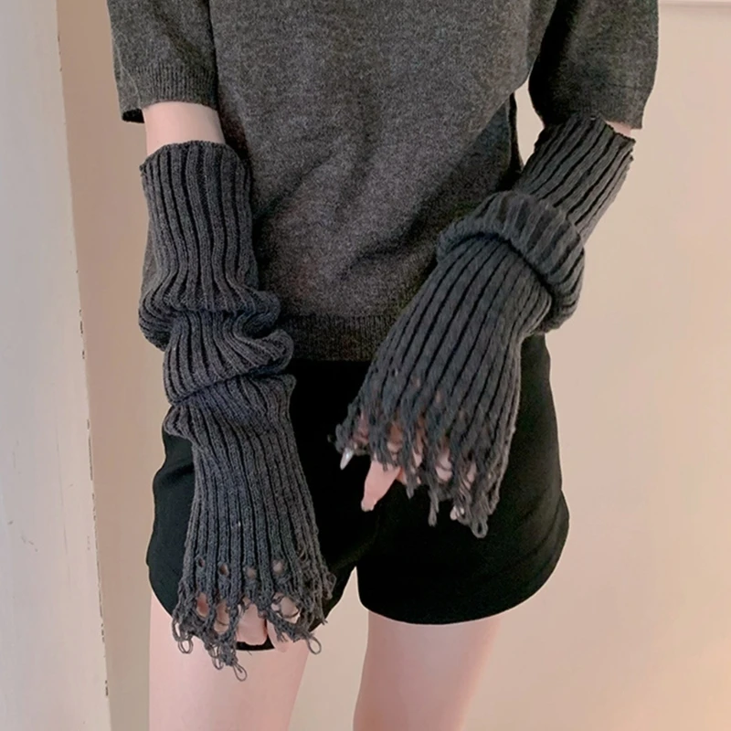 Y2k Haruku Ribbed ddmysmile Women Knitted Leg Warmer Solid Color Gothic Punk Tassels Frayed Hem Distressed Leg Covers Long Socks Smile