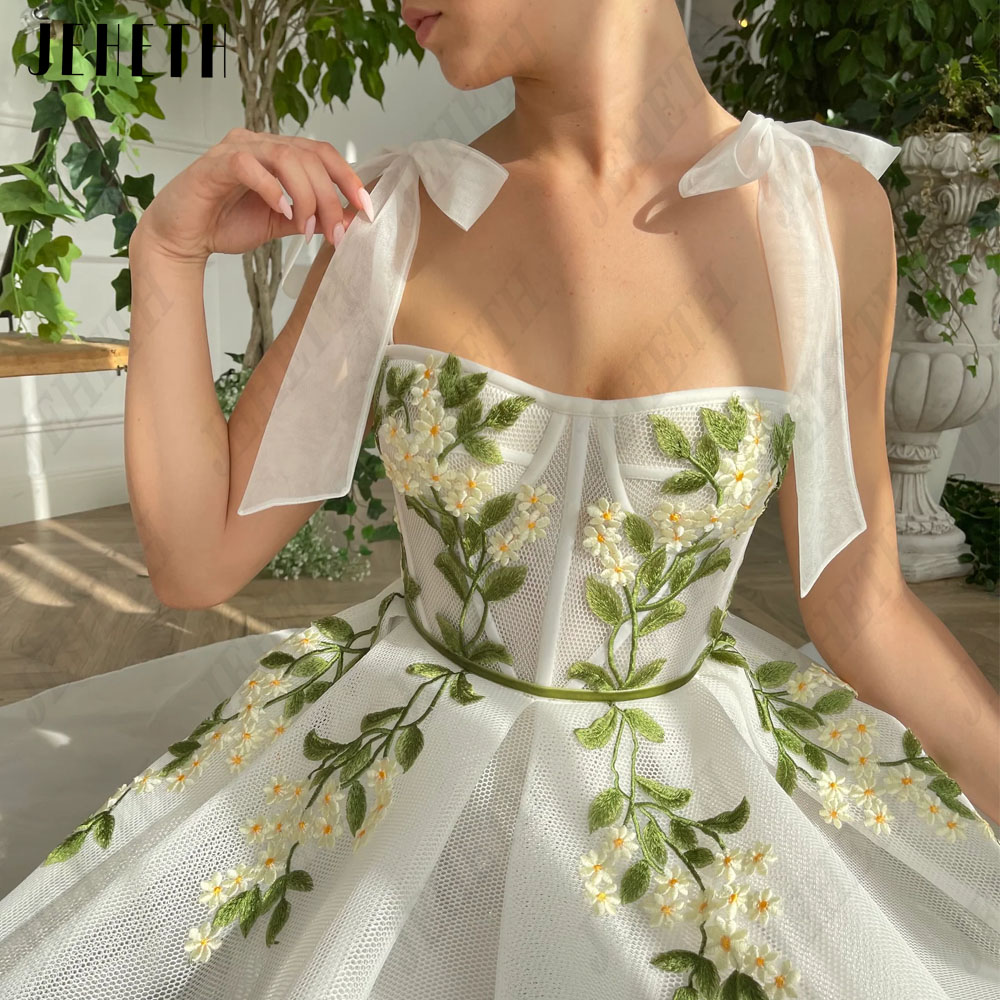 JEHETH Sweetheart Flowers Prom Dress Spaghetti Straps A-Line Vestido De Noiva new Tulle Lace Backless Ankle-Length 2025 Party Gowns