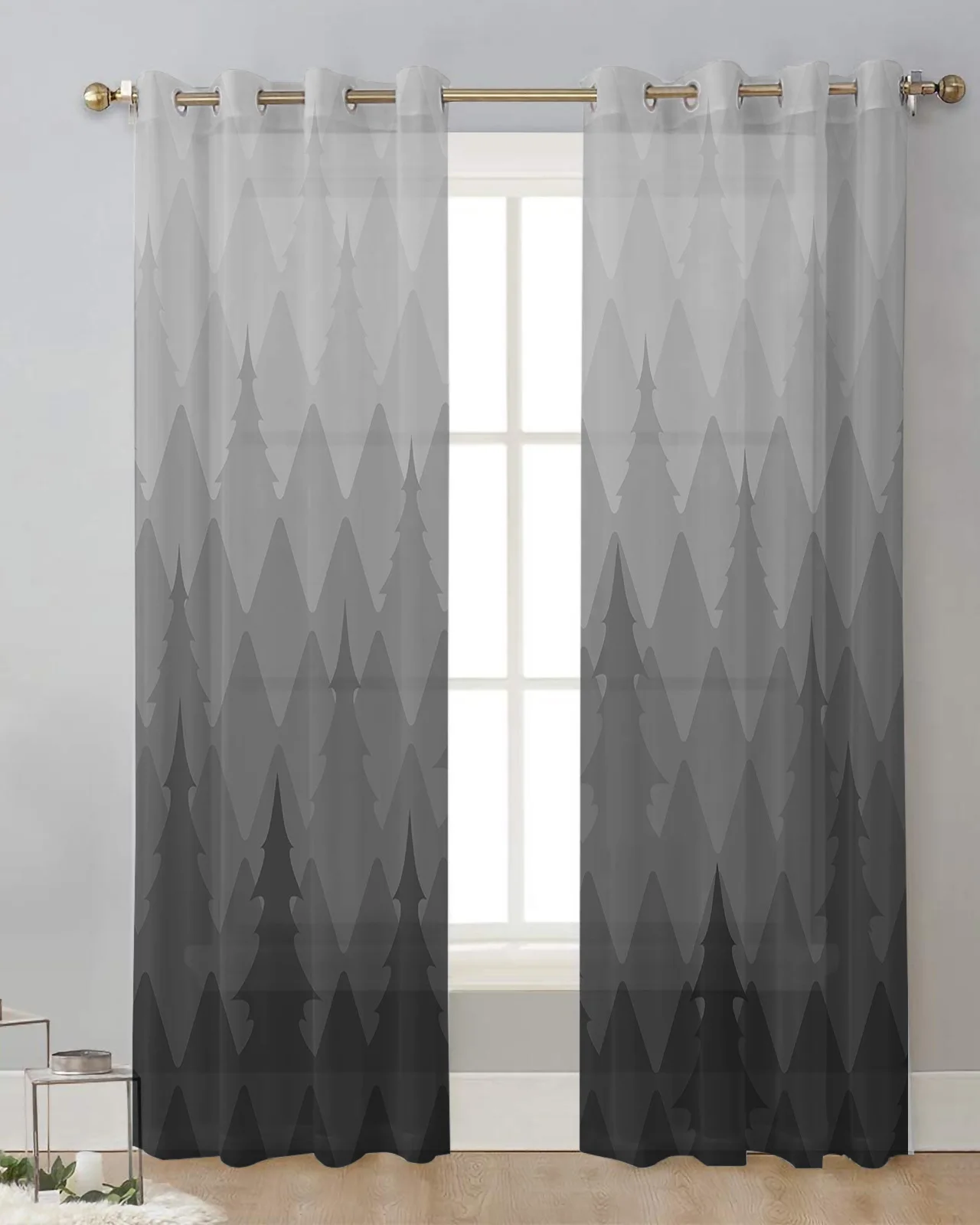 Geometric Pine Grey Gradient Bedroom Organza Voile Curtain Window Treatment Drapes Tulle Curtains for Living Room Sheer Curtains smile