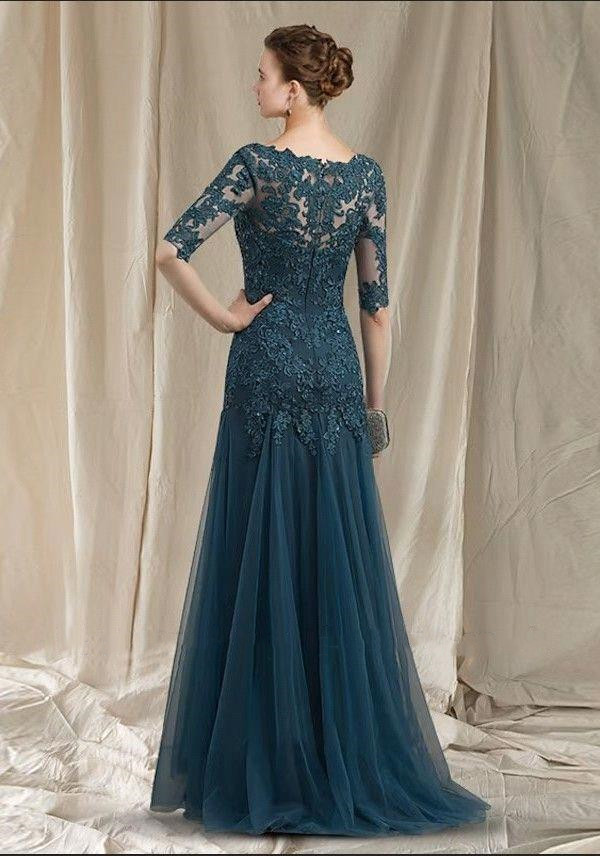Elegant 2/4 Long Sleeve Lace Mother Sheer V Neck Tulle Applique Sheath Or Length Formal Party Evening Dree C18260 0618
