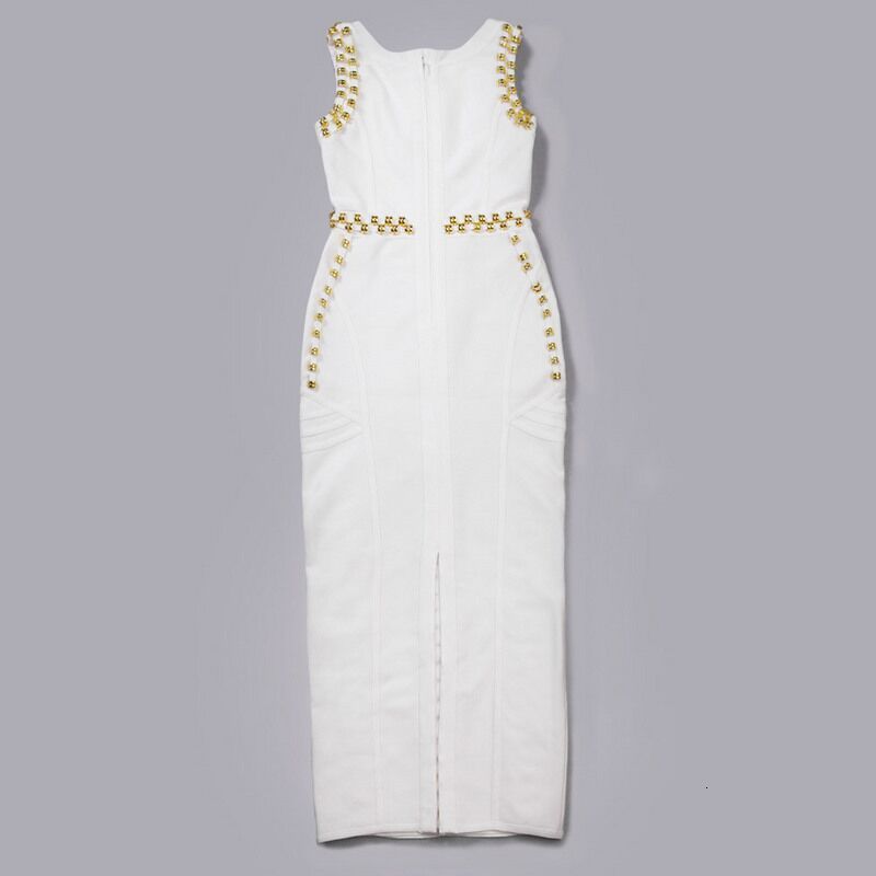 Top Quality White Black Beading Sexy Fashion Rayon Bandage Skirt Cocktail Party Bodycon dress Fashion Slim Long Bandage Wrapped Hip Dress 210306
