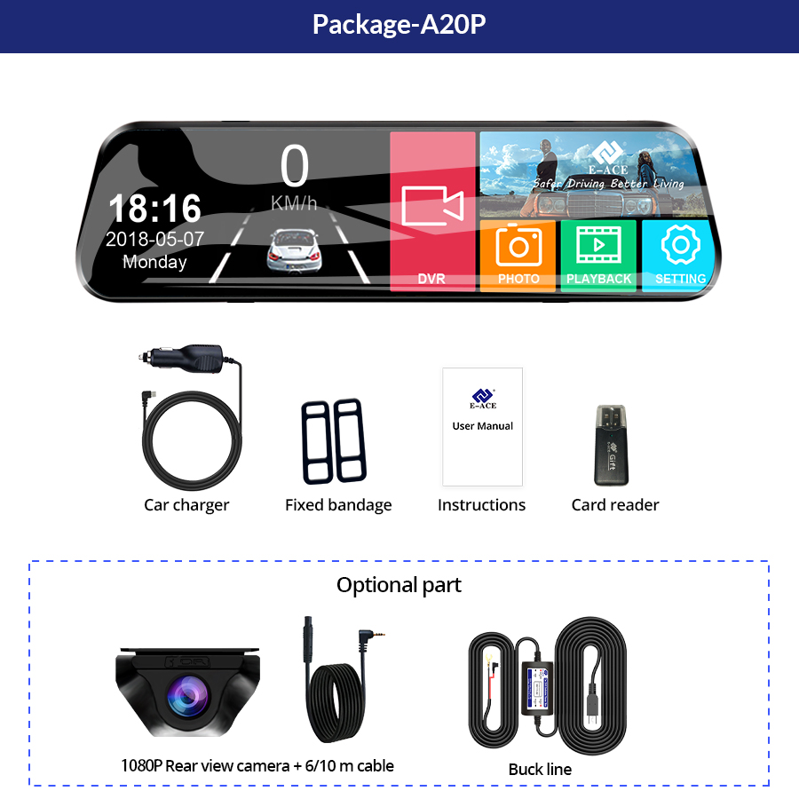 E-ACE 10 Inch Car DVR Mirror Video Recorder 1080P Touch Screen Dashcam For Car AHD Lens Streaming 2025 new Driving Recorder Dash Camera